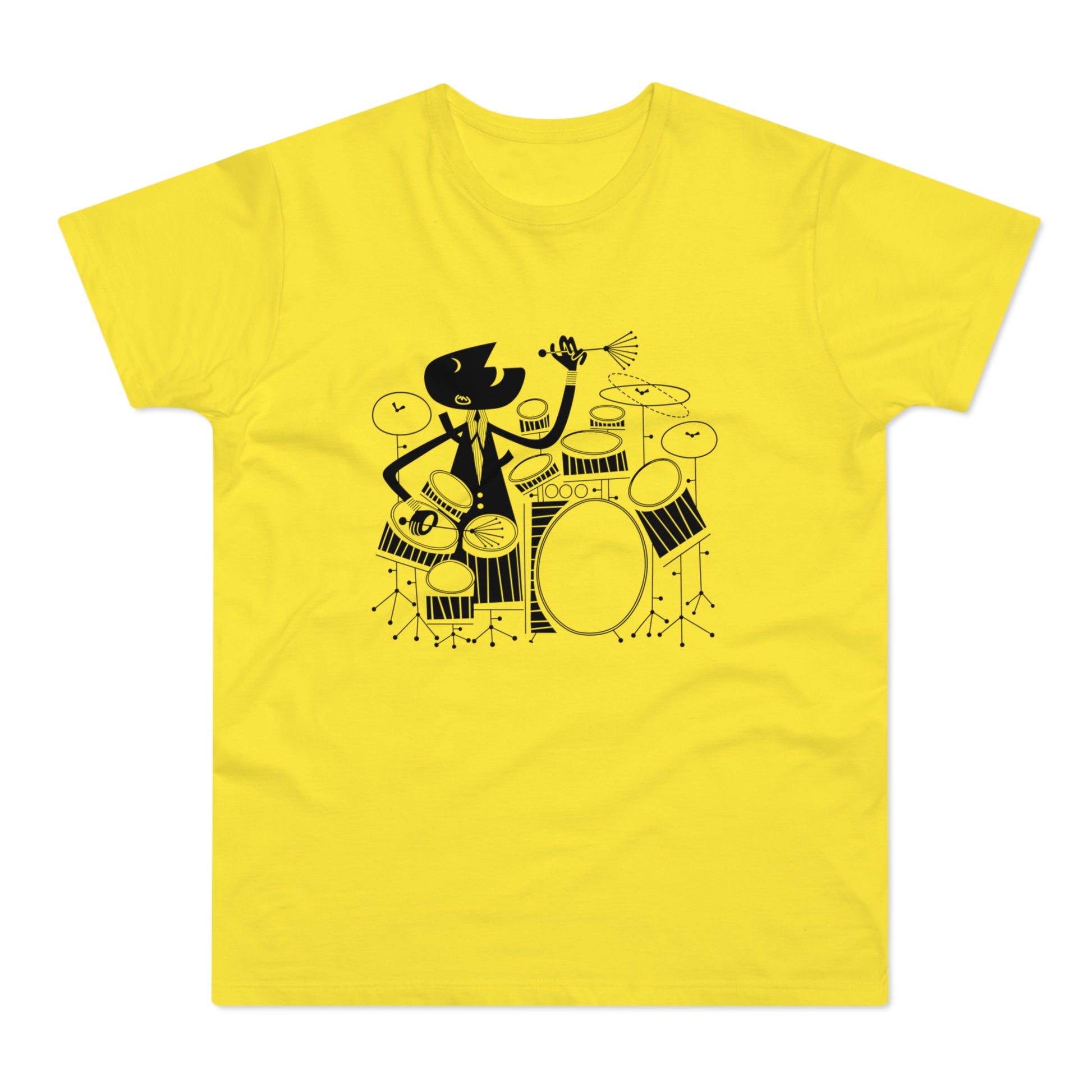 Black silhouette of a character playing drums on a yellow shirt.