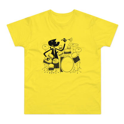 Black silhouette of a character playing drums on a yellow shirt.