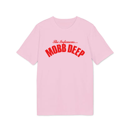 A short-sleeved pink t-shirt featuring the red text The Infamous... Mobb Deep centered on the chest.
