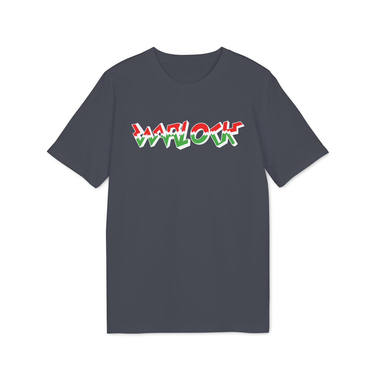 A dark gray crewneck t-shirt featuring a stylized red, white, and green text graphic across the chest.