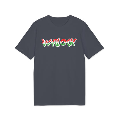 A dark gray crewneck t-shirt featuring a stylized red, white, and green text graphic across the chest.