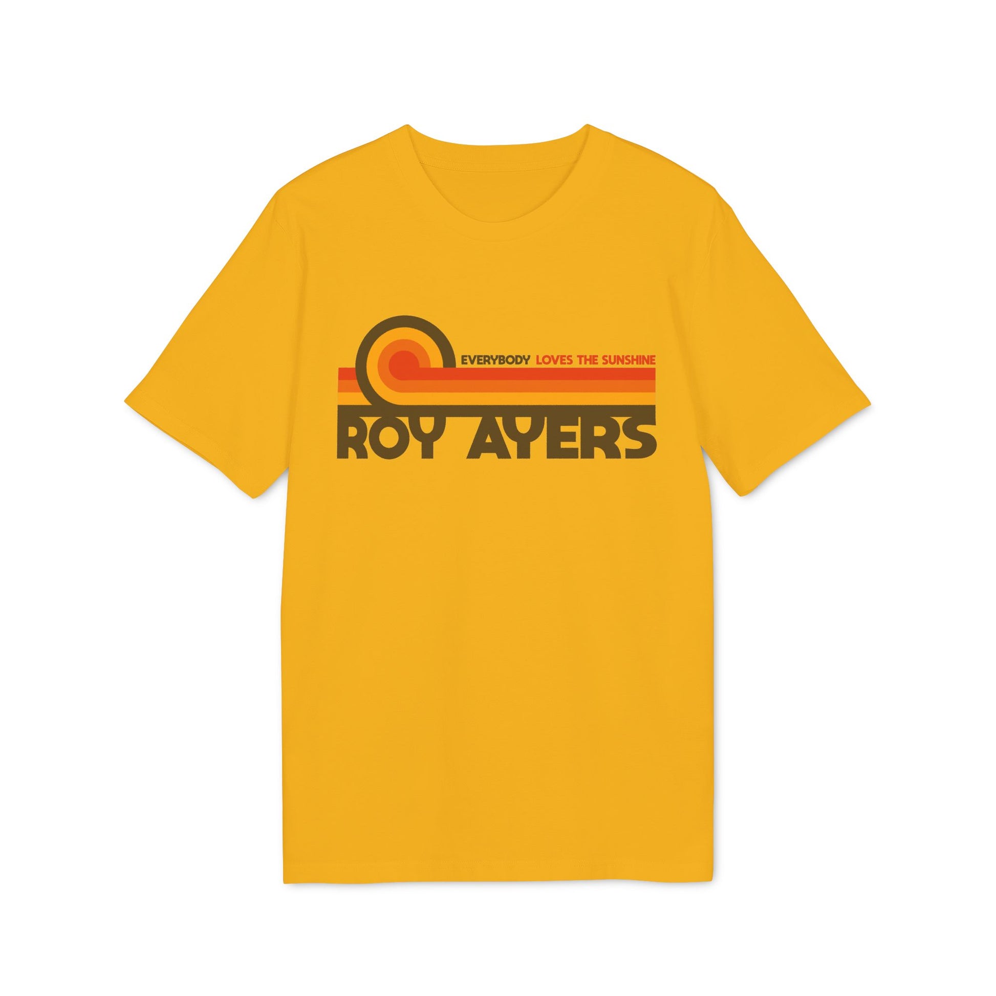 Yellow t-shirt with "ROY AYERS" and retro rainbow design.