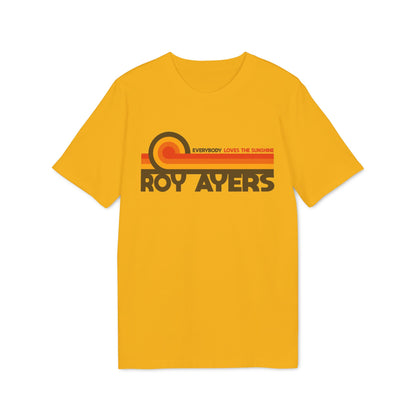 Yellow t-shirt with "ROY AYERS" and retro rainbow design.
