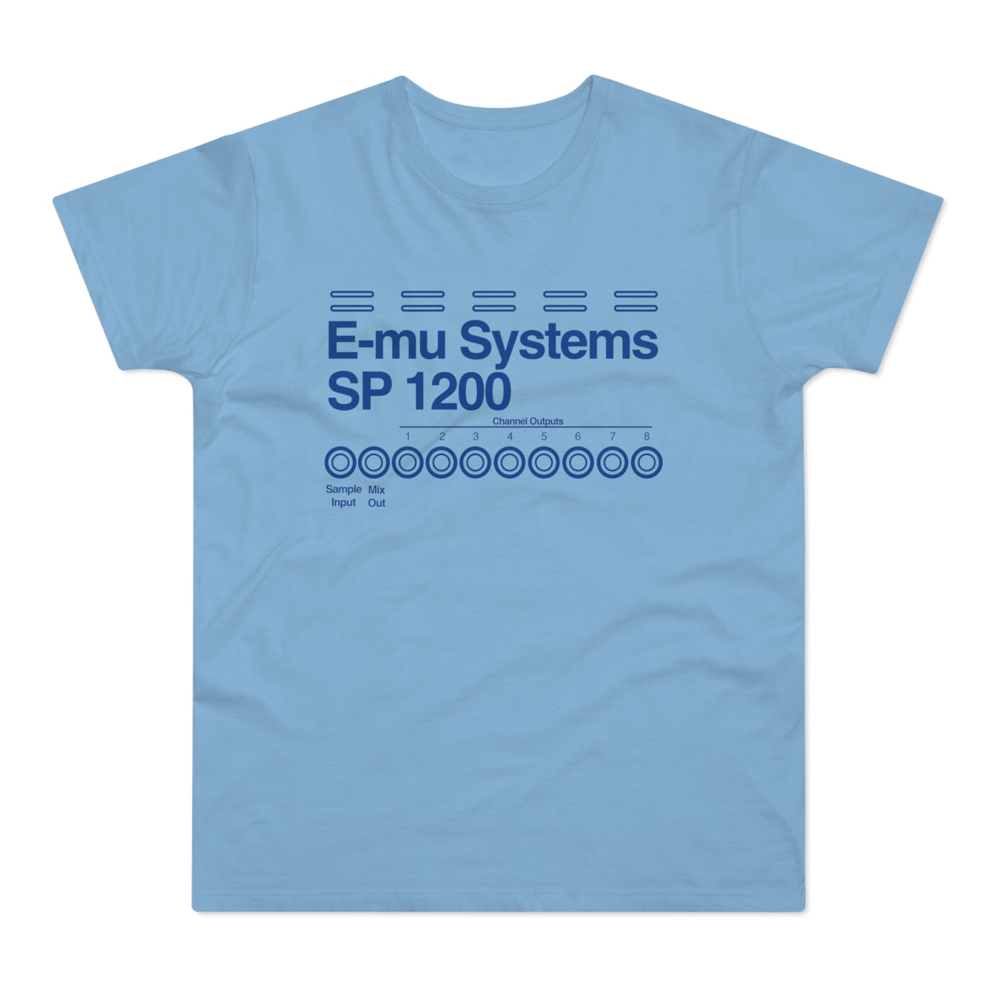 Light blue t-shirt with "E-mu Systems SP 1200" and knob graphics.