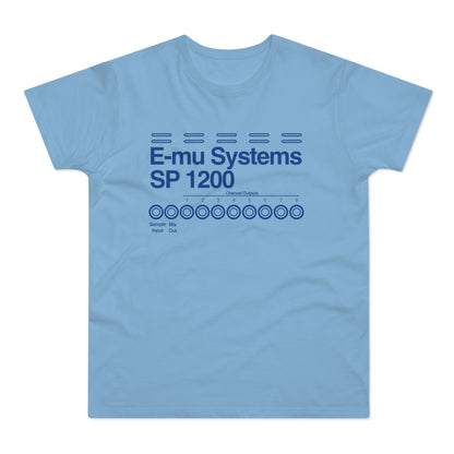 Light blue t-shirt with "E-mu Systems SP 1200" and knob graphics.