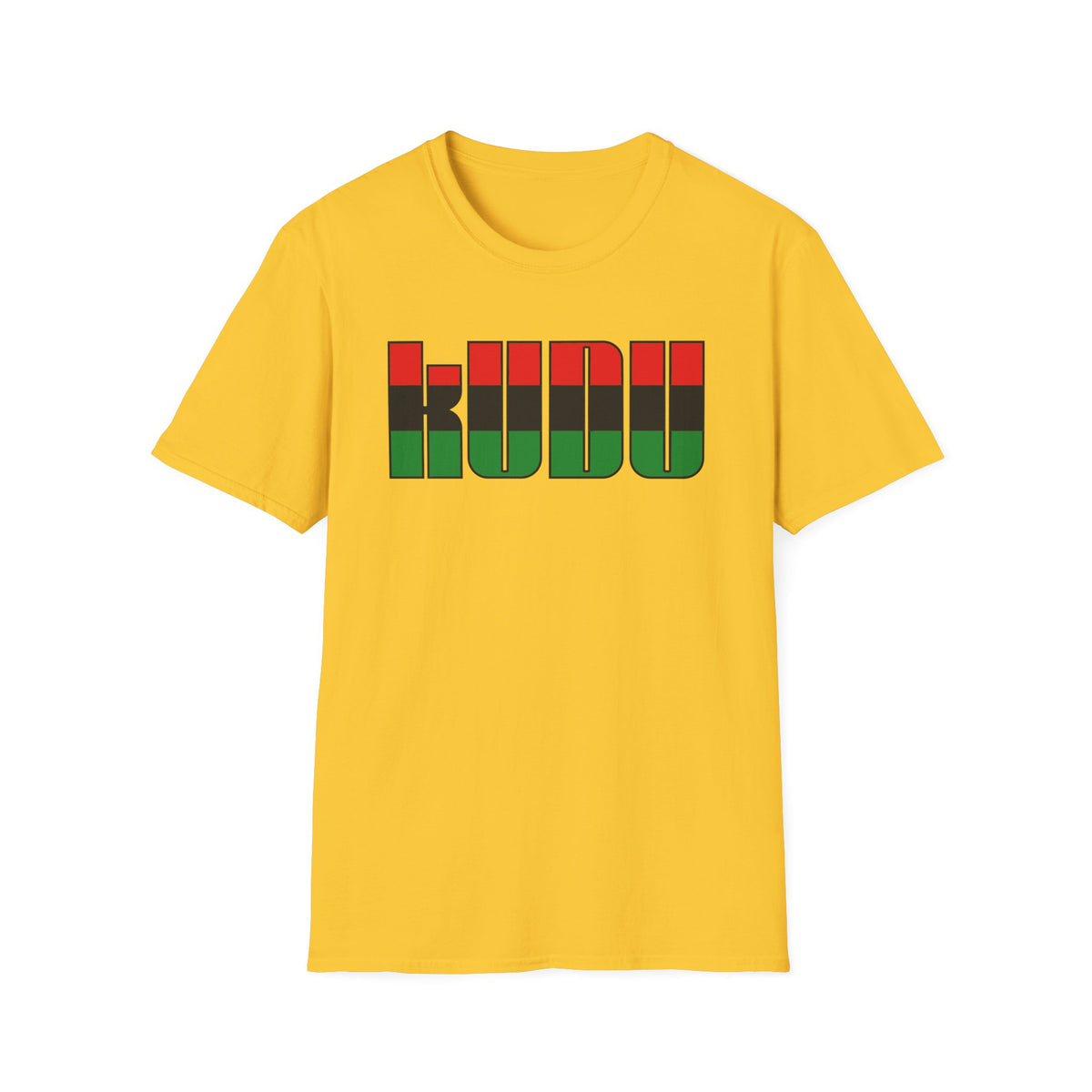 Yellow t-shirt with "KUDU" text in black with red and green stripes.