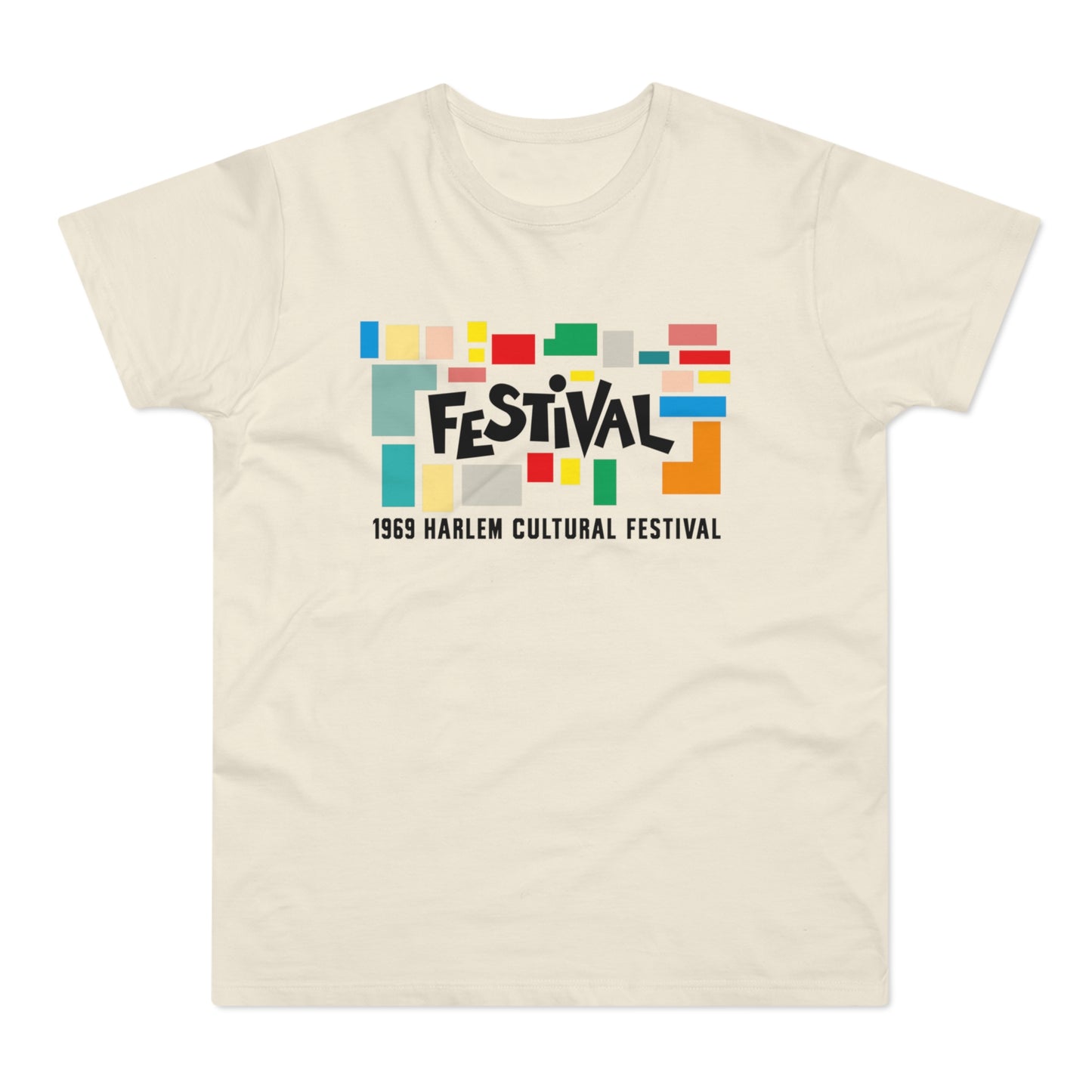 Cream t-shirt with colorful blocks and "FESTIVAL 1969 HARLEM CULTURAL FESTIVAL" text.