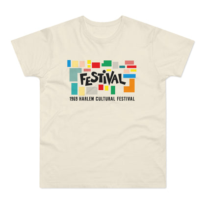 Cream t-shirt with colorful blocks and "FESTIVAL 1969 HARLEM CULTURAL FESTIVAL" text.