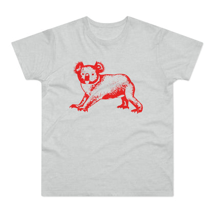 Red koala graphic on a light gray t-shirt.
