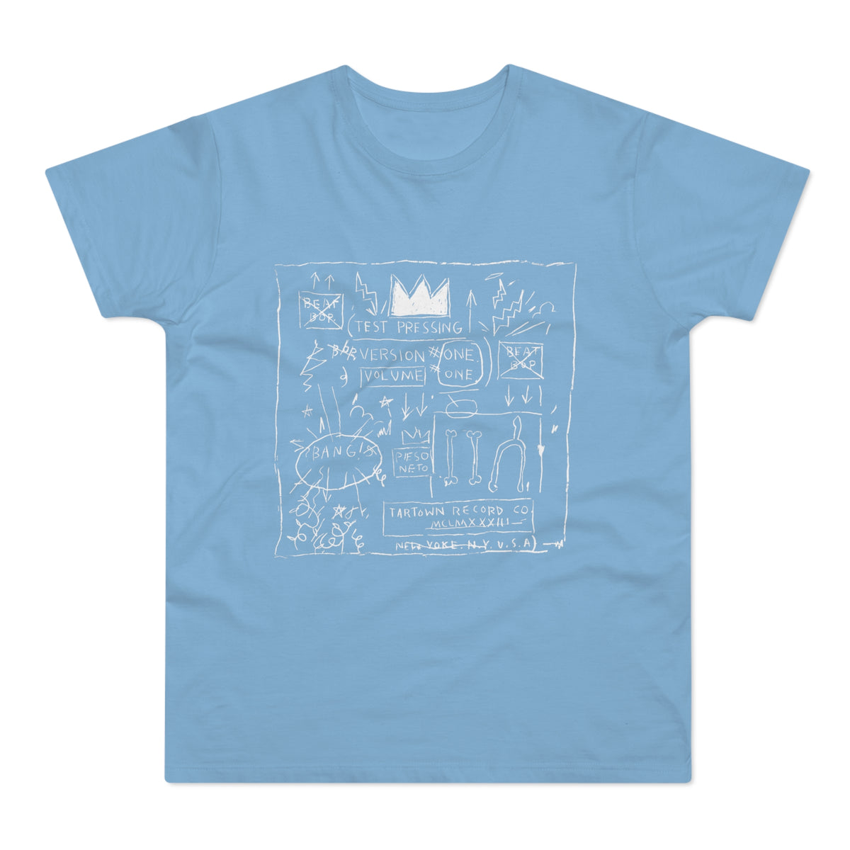 Light blue t-shirt with white Basquiat-inspired art featuring text and symbols.