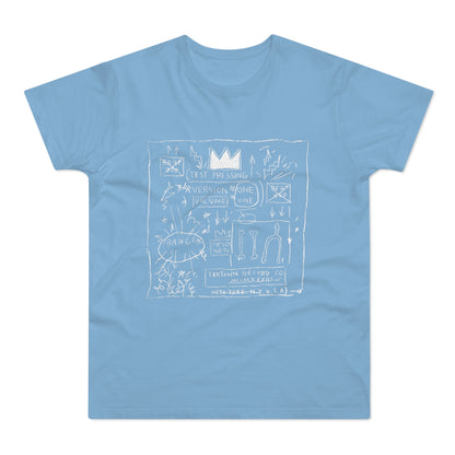 Light blue t-shirt with white Basquiat-inspired art featuring text and symbols.