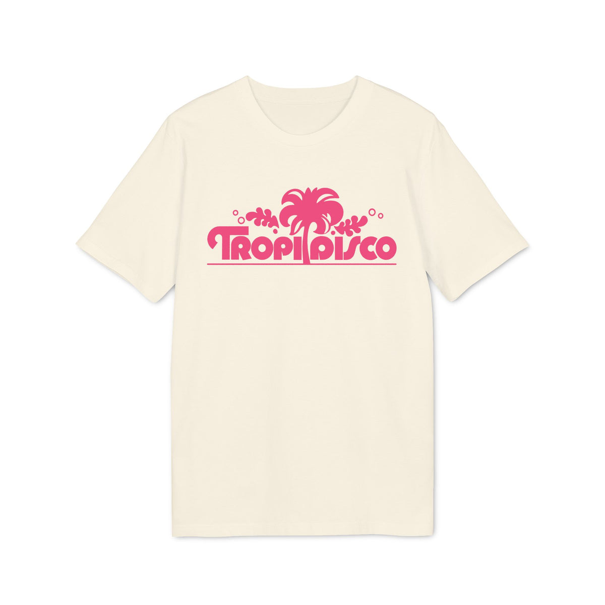 Off-white crewneck t-shirt featuring pink retro graphic text reading Tropi Disco below a palm tree.