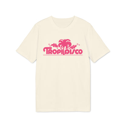 Off-white crewneck t-shirt featuring pink retro graphic text reading Tropi Disco below a palm tree.