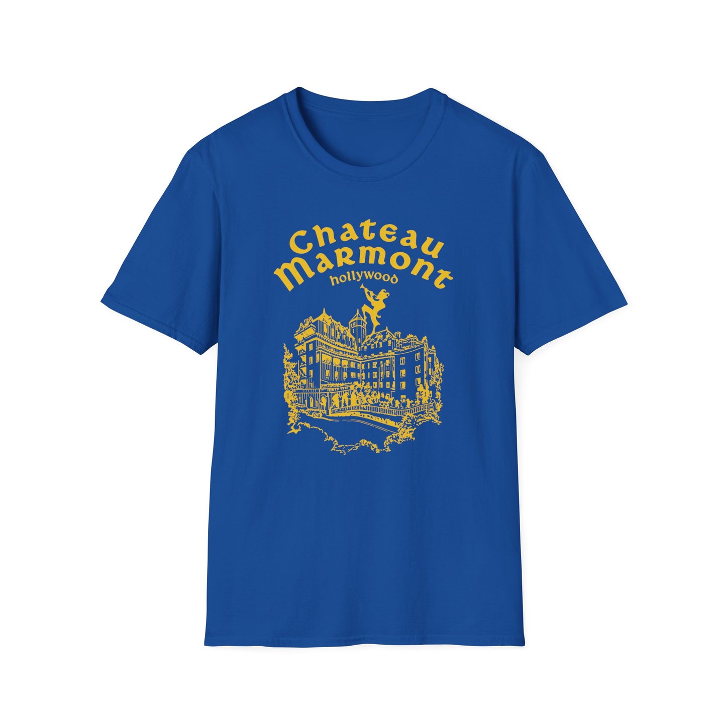 Blue t-shirt with yellow Chateau Marmont Hollywood and building graphic.