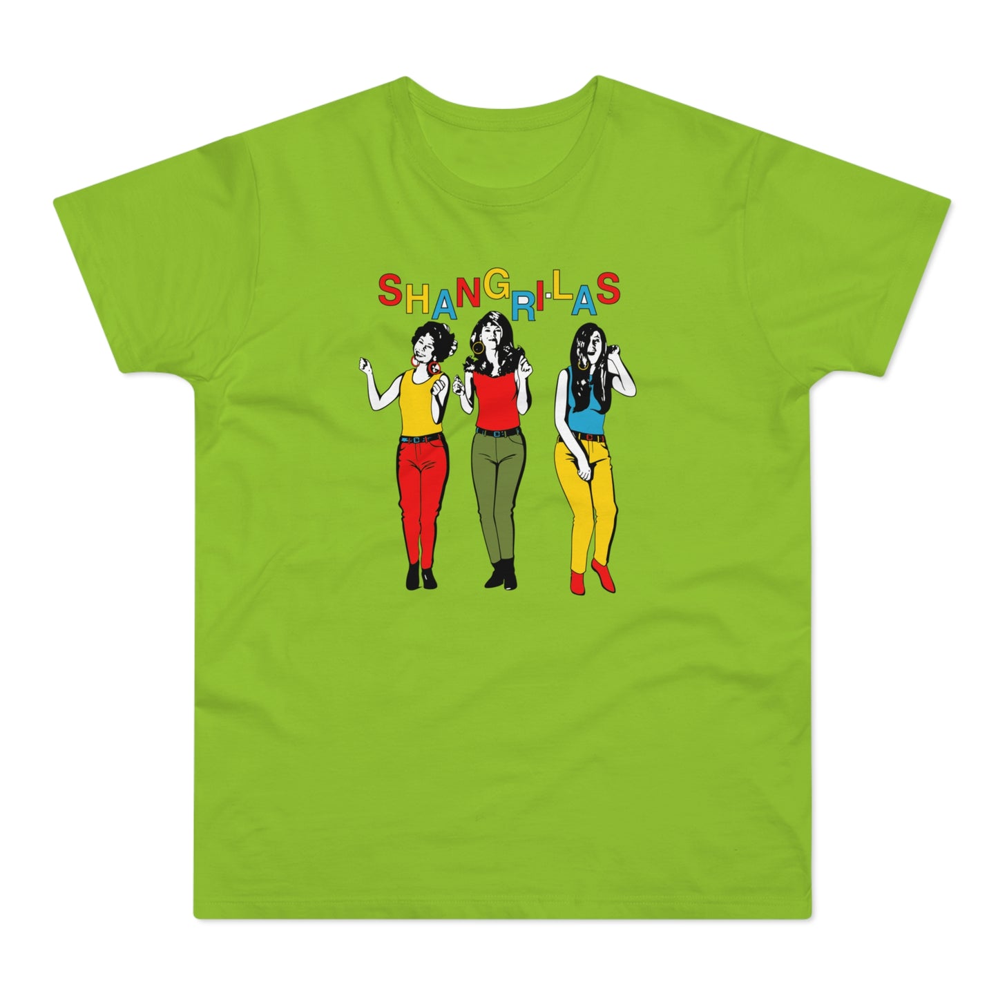 Green t-shirt with colorful "SHANG-RIL-AS" text and three dancing women.