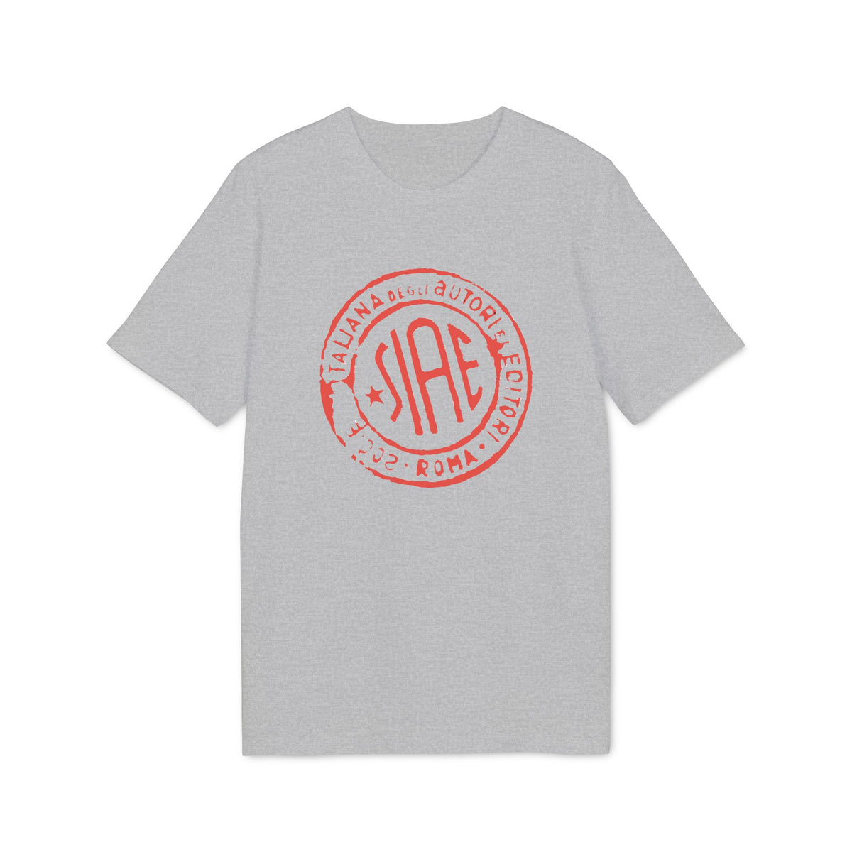 A light grey short-sleeved t-shirt featuring a red circular SIAE logo on the chest.