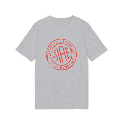 A light grey short-sleeved t-shirt featuring a red circular SIAE logo on the chest.