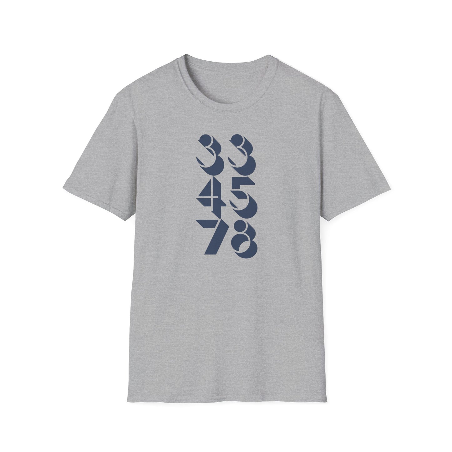 Grey t-shirt with stacked navy blue numbers 33, 45, 78.