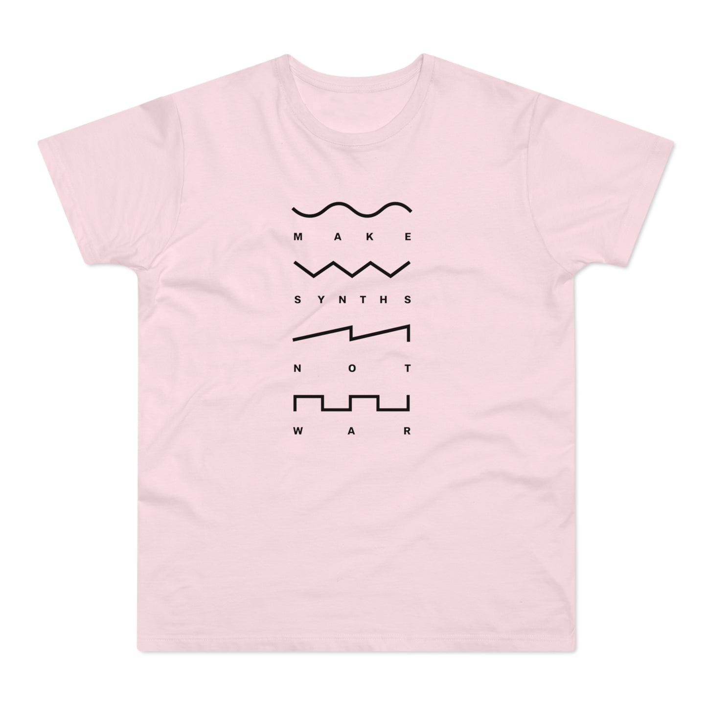 Pink t-shirt with black text and shapes forming "Make Synths Not War".