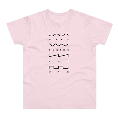 Pink t-shirt with black text and shapes forming "Make Synths Not War".