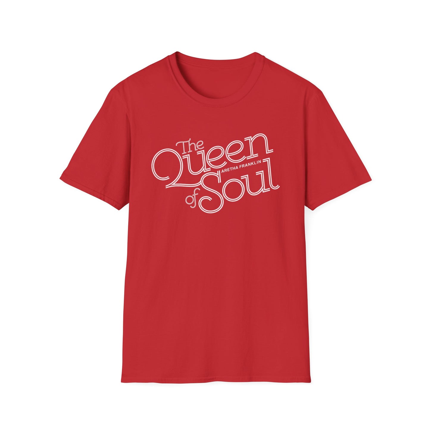 Red t-shirt with white text "The Queen of Soul Aretha Franklin"
