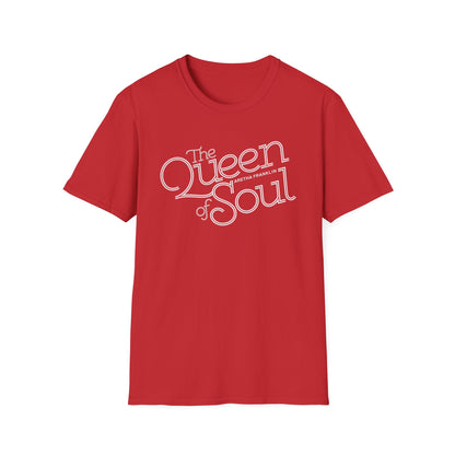 Red t-shirt with white text "The Queen of Soul Aretha Franklin"