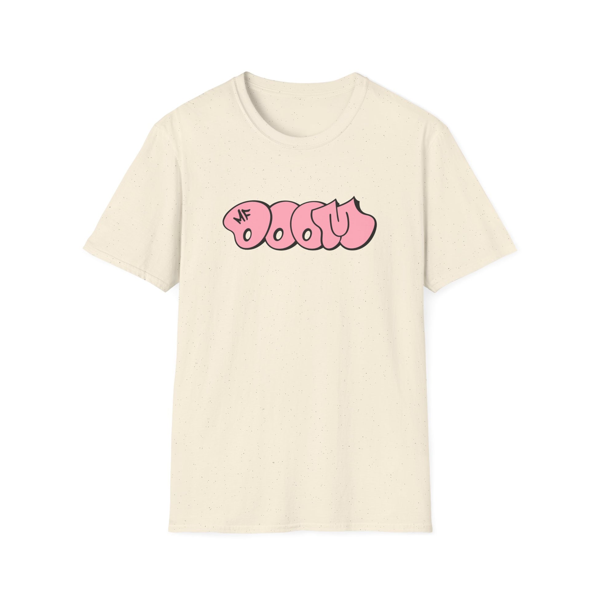 Cream t-shirt with pink bubble text graphic reading "DOOM" and "MF"