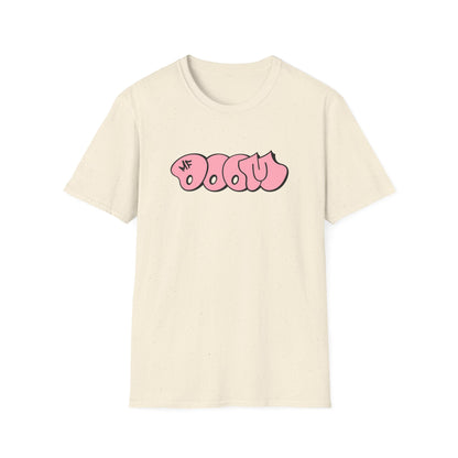 Cream t-shirt with pink bubble text graphic reading "DOOM" and "MF"