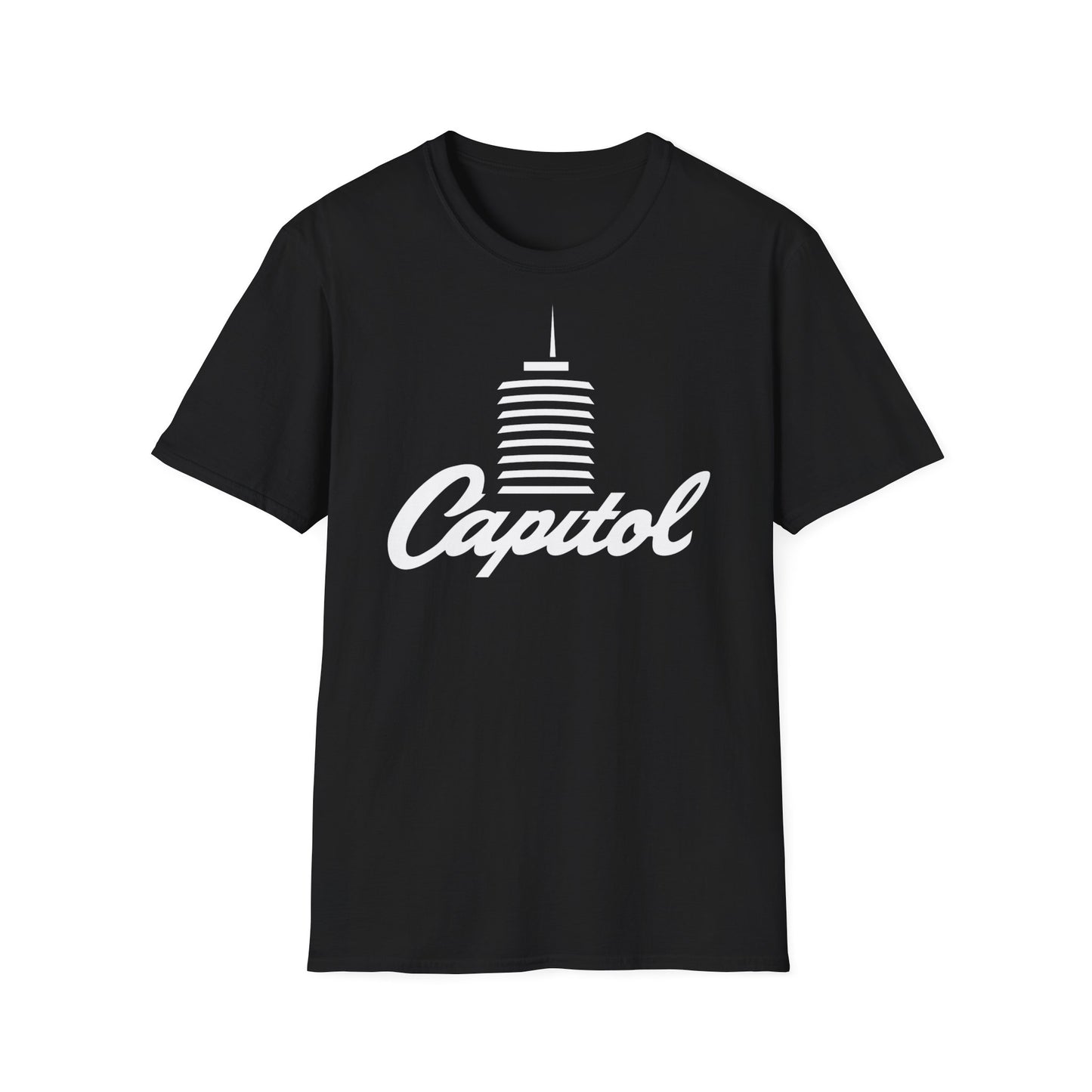 Black t-shirt with white Capitol building graphic and script text.