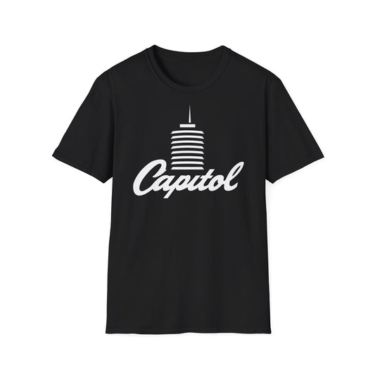 Black t-shirt with white Capitol building graphic and script text.