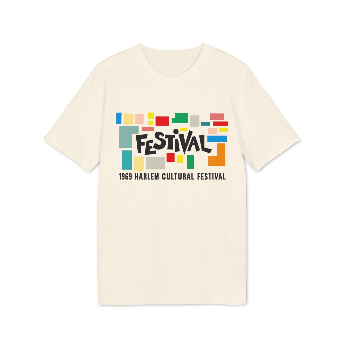 Cream t-shirt with colorful blocks and "FESTIVAL 1969 HARLEM CULTURAL FESTIVAL" text.