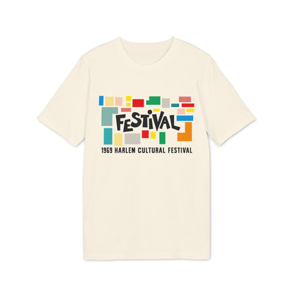 Cream t-shirt with colorful blocks and "FESTIVAL 1969 HARLEM CULTURAL FESTIVAL" text.