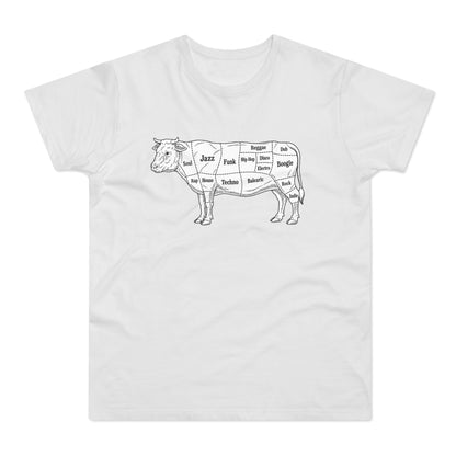 Line art of a cow diagram labeled with music genres.
