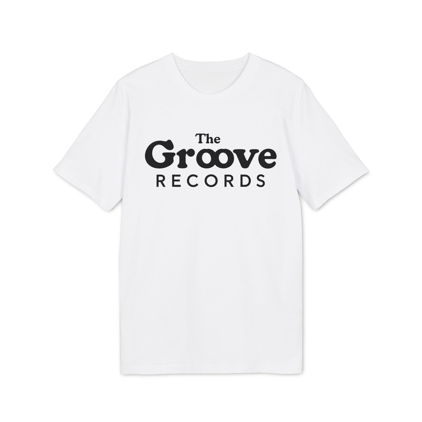 White t-shirt with black text "The Groove Records" logo.