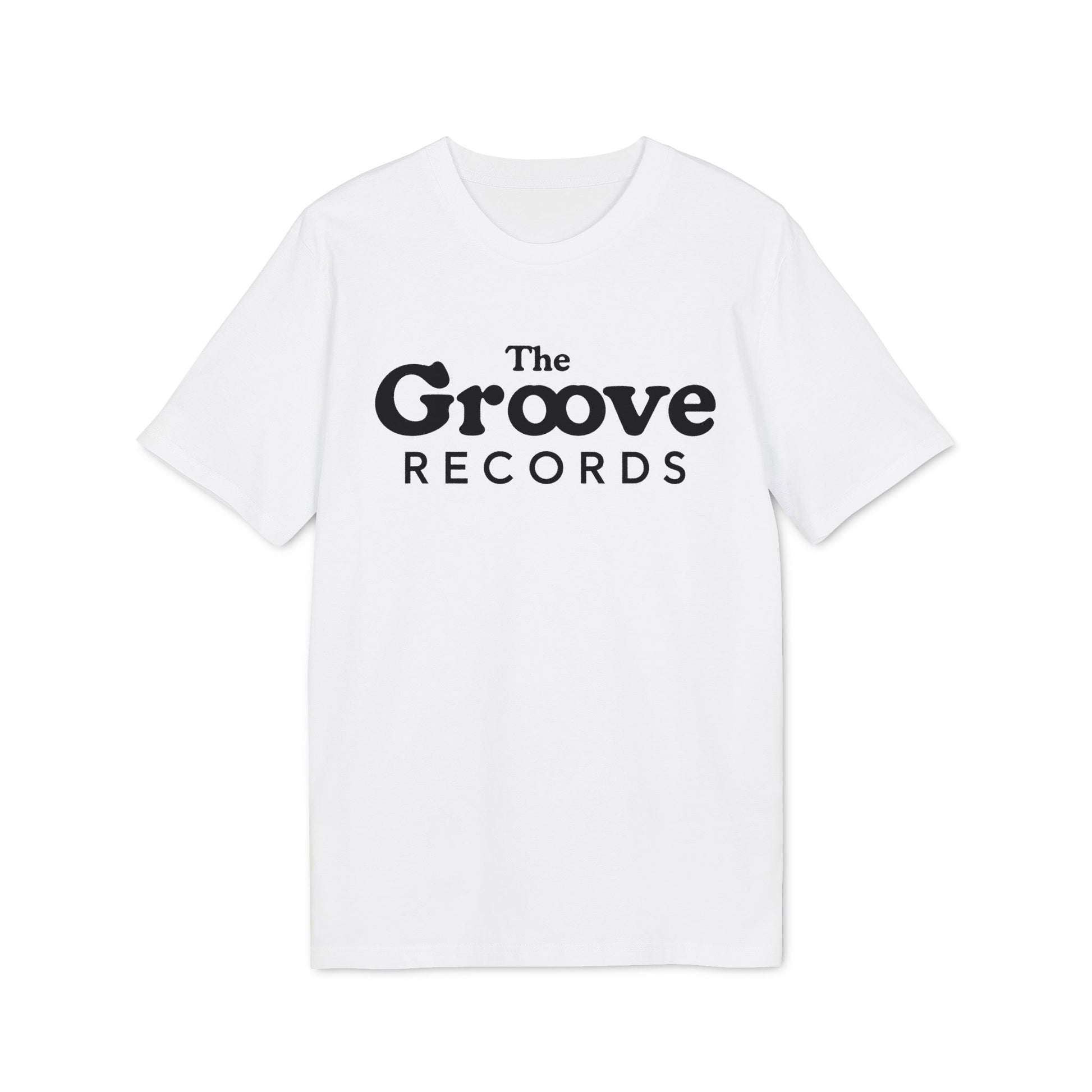 White t-shirt with black text "The Groove Records" logo.