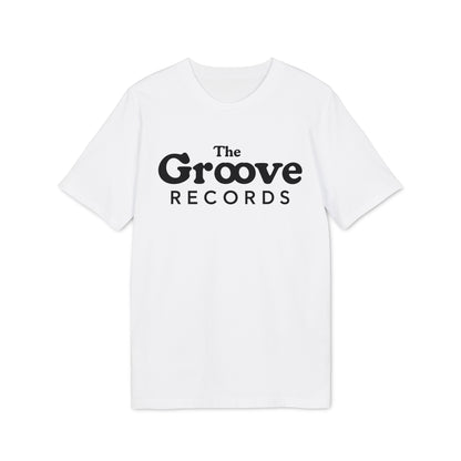 White t-shirt with black text "The Groove Records" logo.