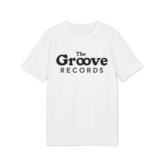 White t-shirt with black text "The Groove Records" logo.