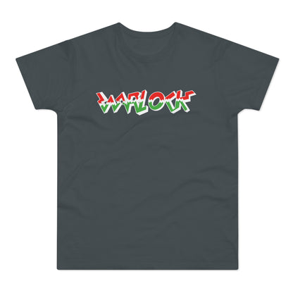 Dark grey t-shirt with "WARLOCK" text in red, green, and white stylized font.