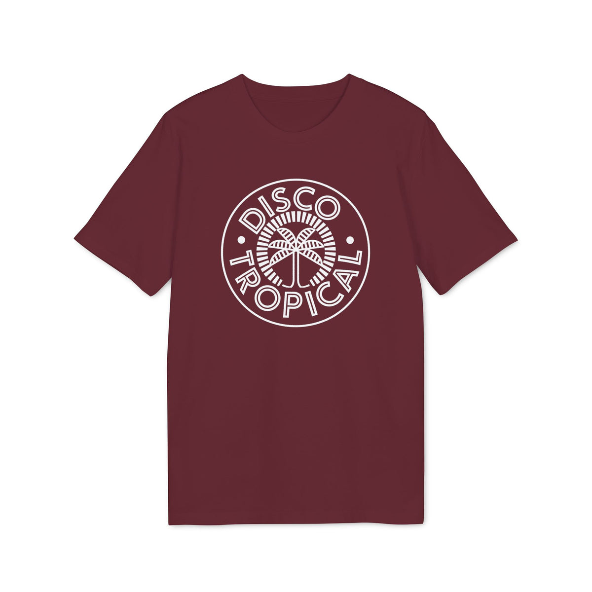 Maroon short-sleeved t-shirt featuring a white circular logo with a palm tree and the text Disco Tropical.