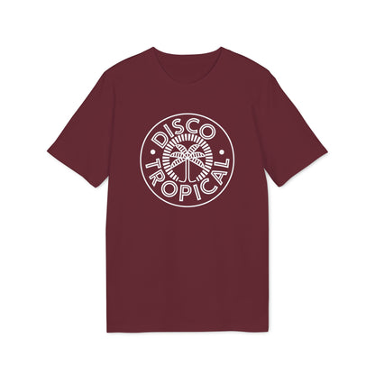 Maroon short-sleeved t-shirt featuring a white circular logo with a palm tree and the text Disco Tropical.