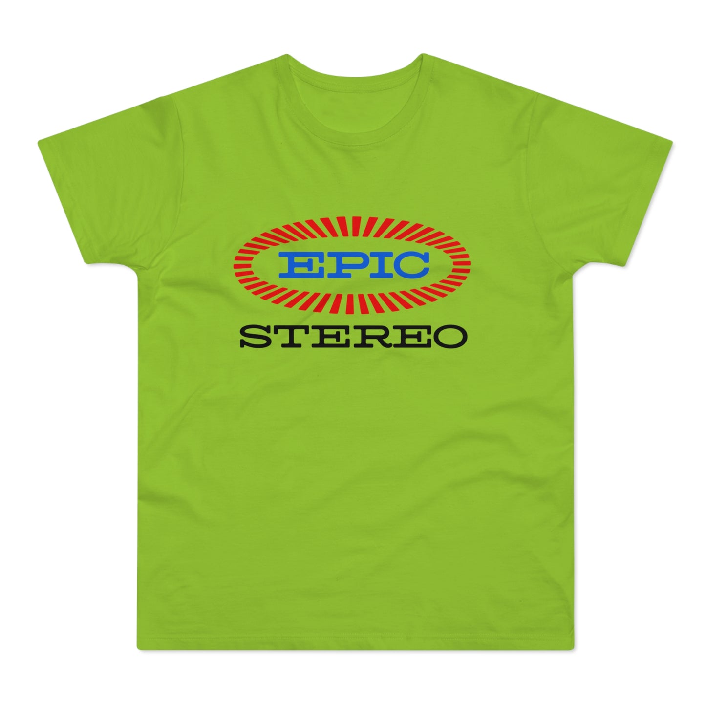 Lime green t-shirt with "EPIC STEREO" text and logo across the chest.