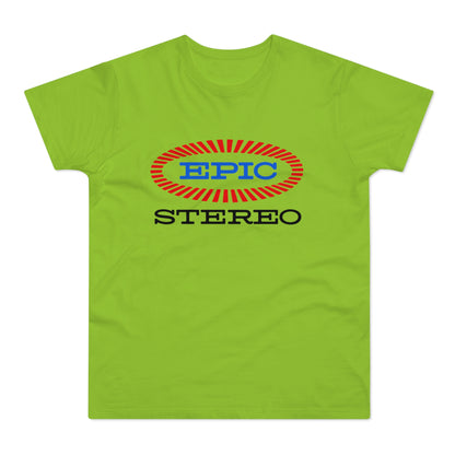 Lime green t-shirt with "EPIC STEREO" text and logo across the chest.