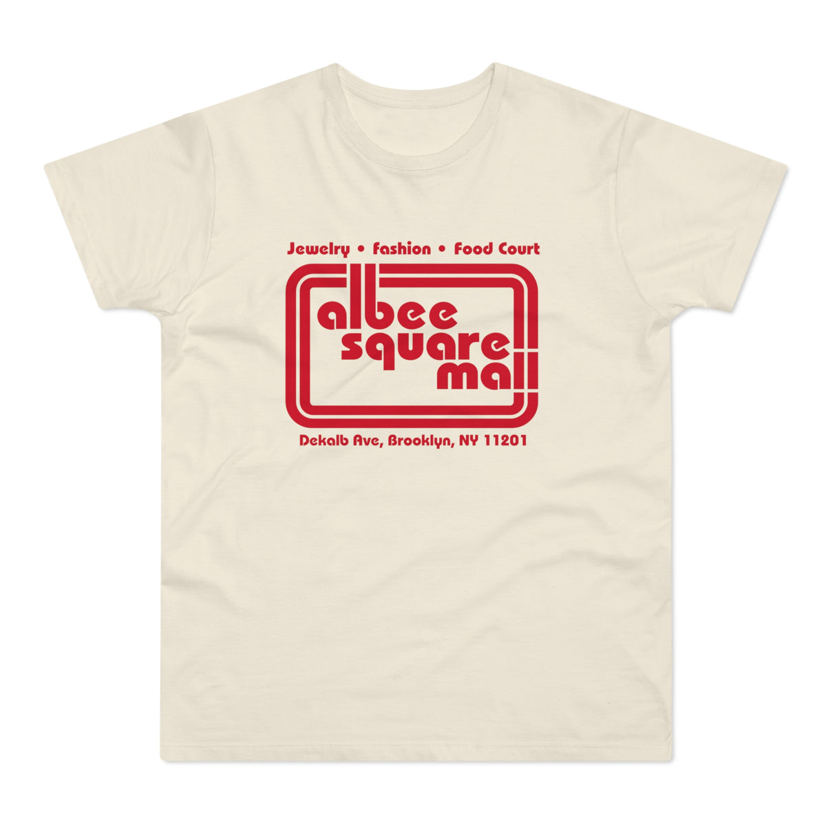 Cream t-shirt with red Albee Square Mall logo and Brooklyn address.