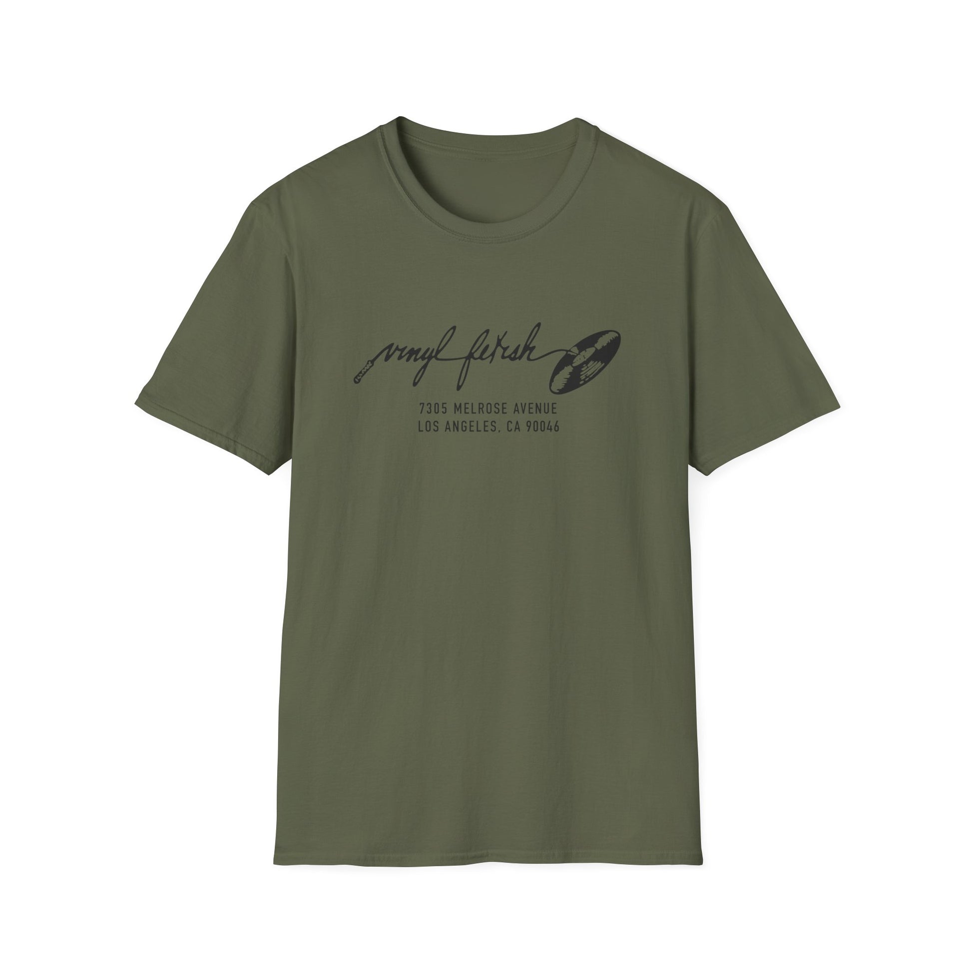 Green t-shirt with "vinyl fetish" text and Los Angeles address printed on front.