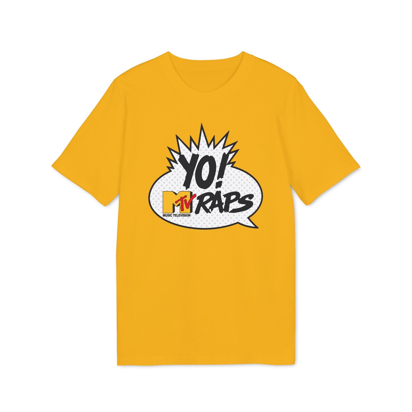 Yellow t-shirt with "YO! MTV RAPS" comic book style graphic.