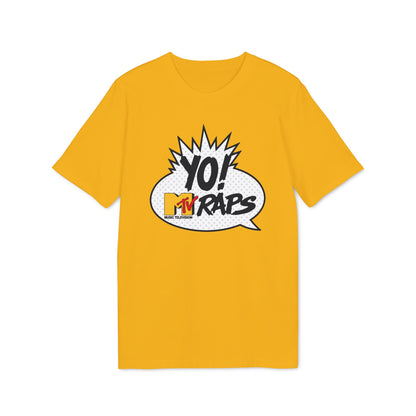 Yellow t-shirt with "YO! MTV RAPS" comic book style graphic.