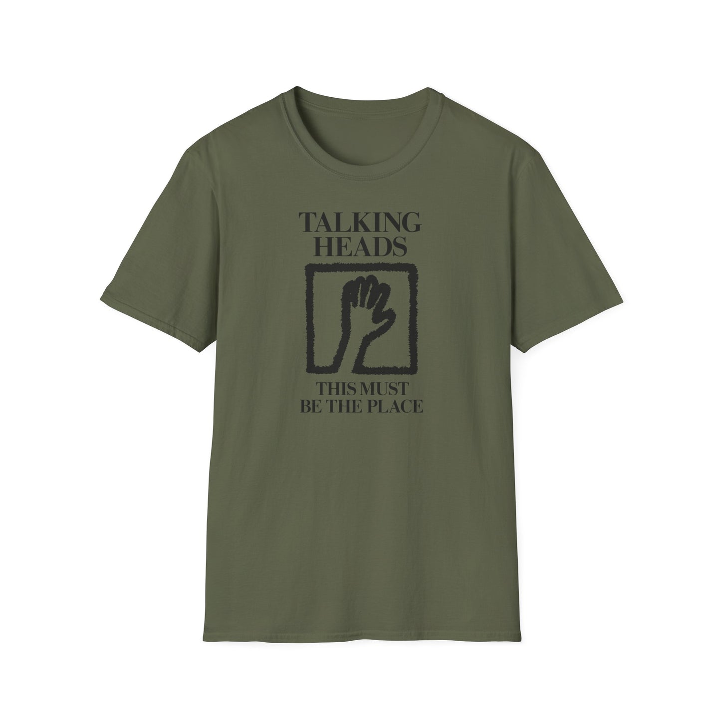Olive t-shirt with "Talking Heads" and "This Must Be The Place" text and hand graphic.