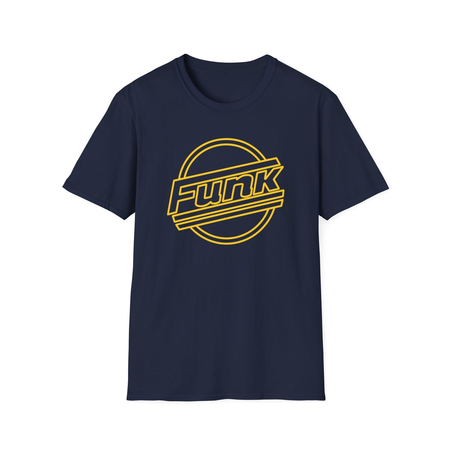 Navy t-shirt with yellow "Funk" logo in a circle.