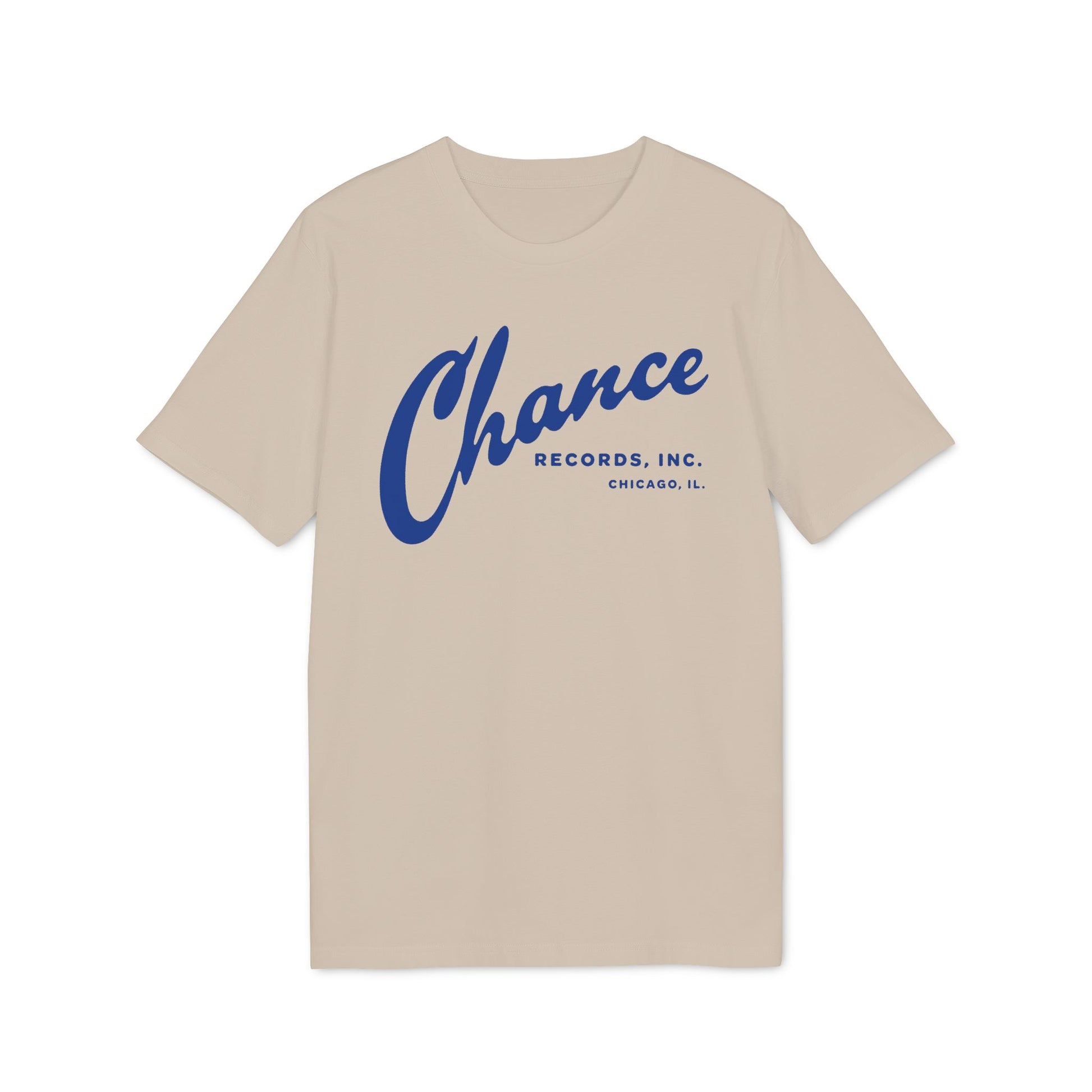 Tan t-shirt with blue Chance Records, Inc. Chicago, IL logo.