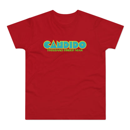 Red t-shirt with "CANDIDO THOUSAND FINGER MAN" text in stylized blue and yellow letters.